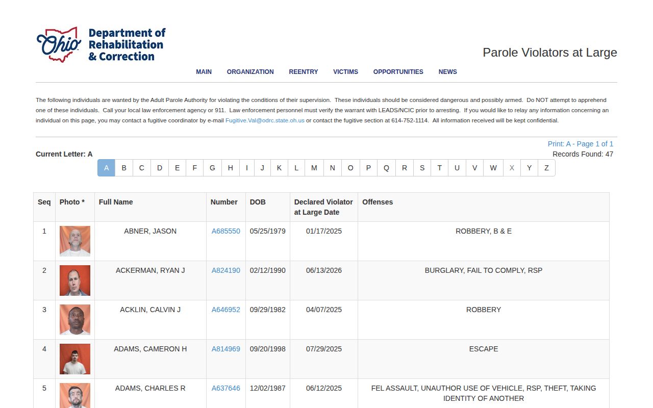 Cuyahoga County parole violators at large lookup