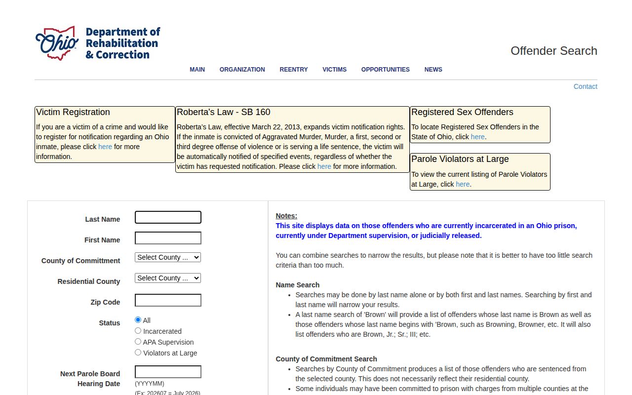 ODRC offender search form for Cuyahoga County released inmates