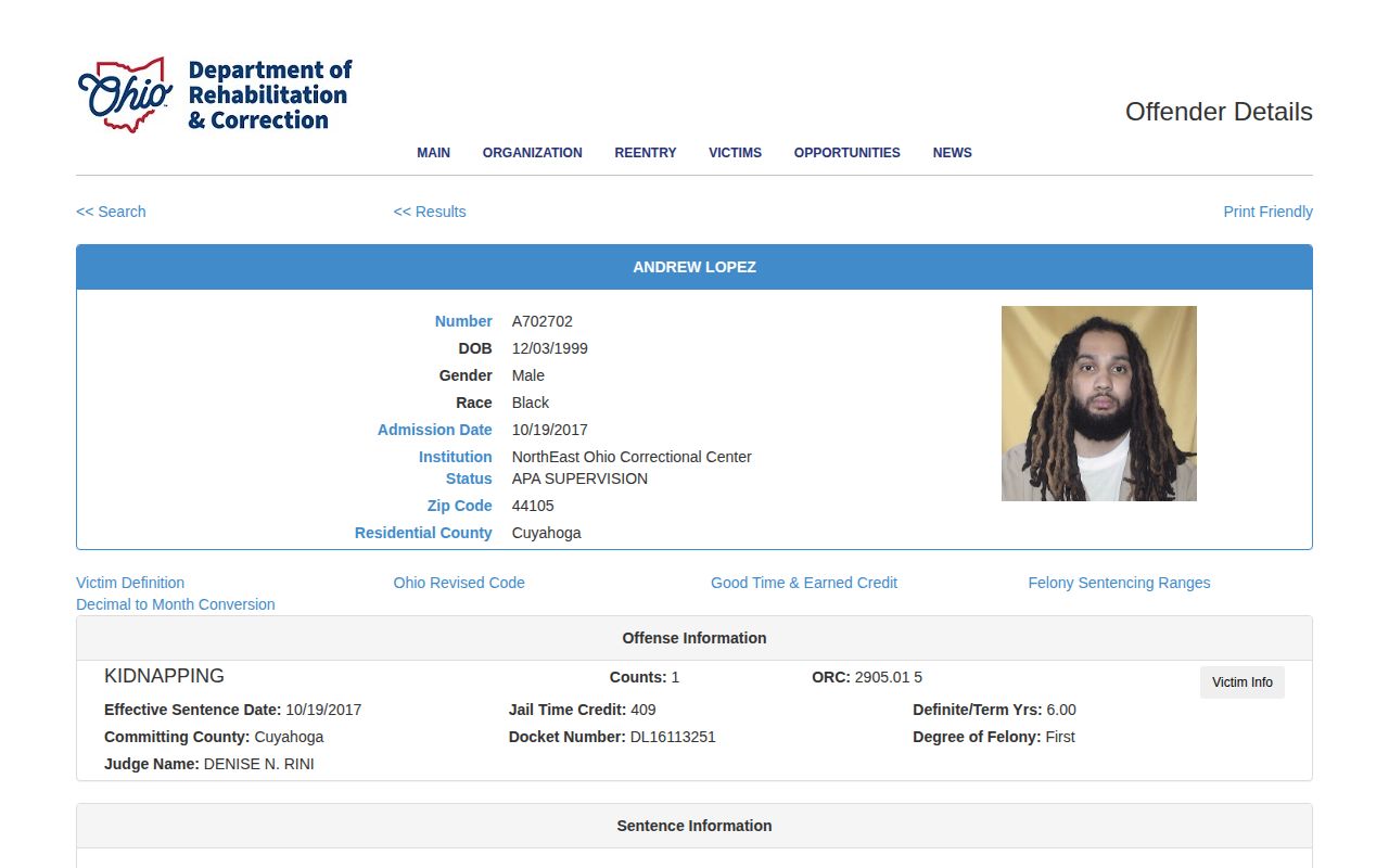 Cuyahoga County projected release date labels in an ODRC record