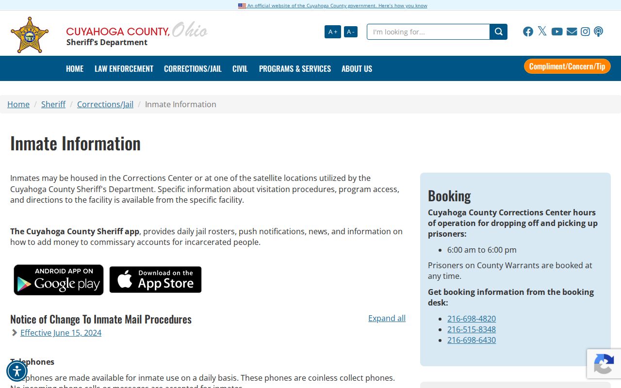 Cuyahoga County daily jail roster and release contact information