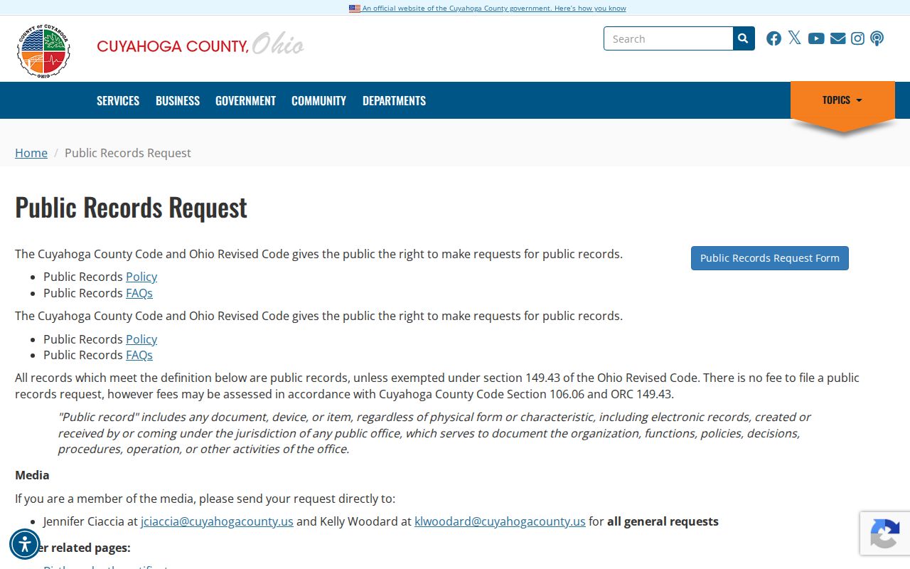 Cuyahoga County released-inmate public record request form and fee notice