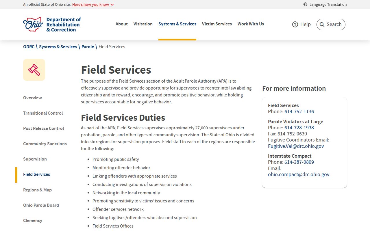Cuyahoga County parole and probation APA field services information